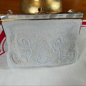 Lustrous Beaded White Clutch with Strap